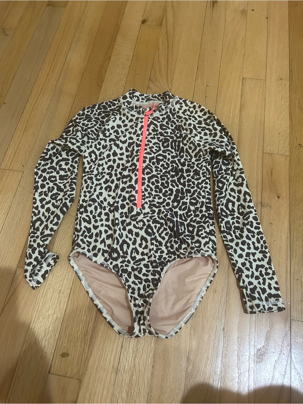 J. Crew Leopard Print Long Sleeve One-Piece Swimsuit with Neon Zipper Sz 8